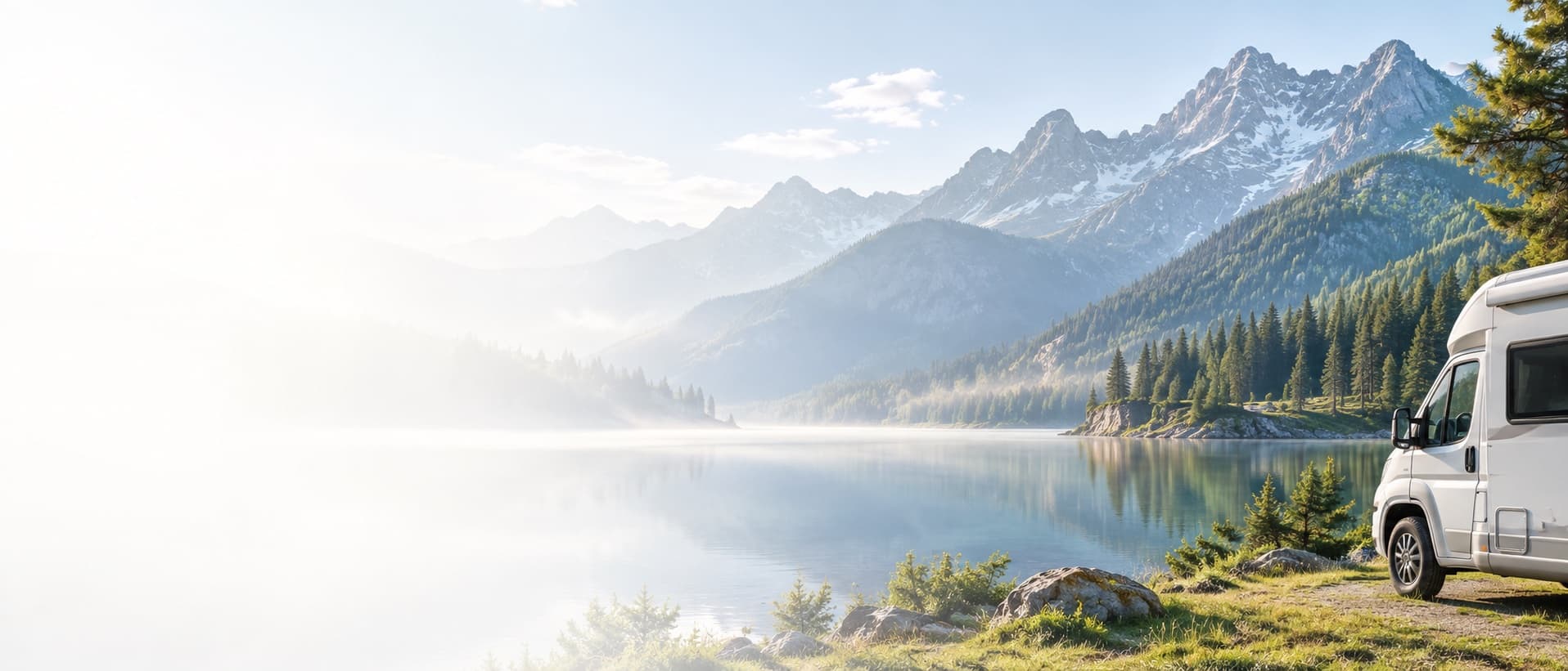 Wohnmobil an einem See vor einer Berglandschaft