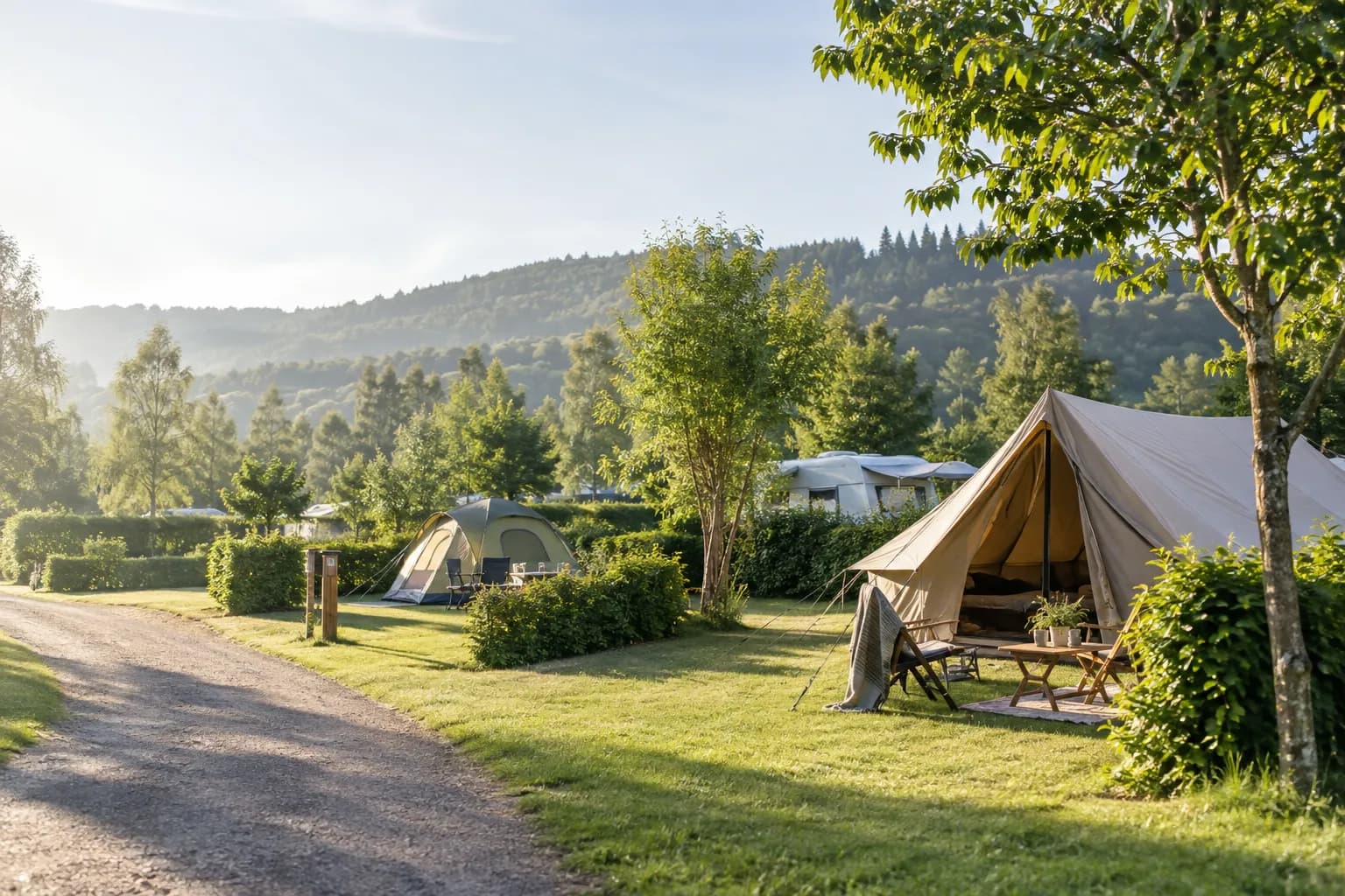 Grüne Campingparzellen mit Zelten und einem Wohnwagen zwischen Bäumen