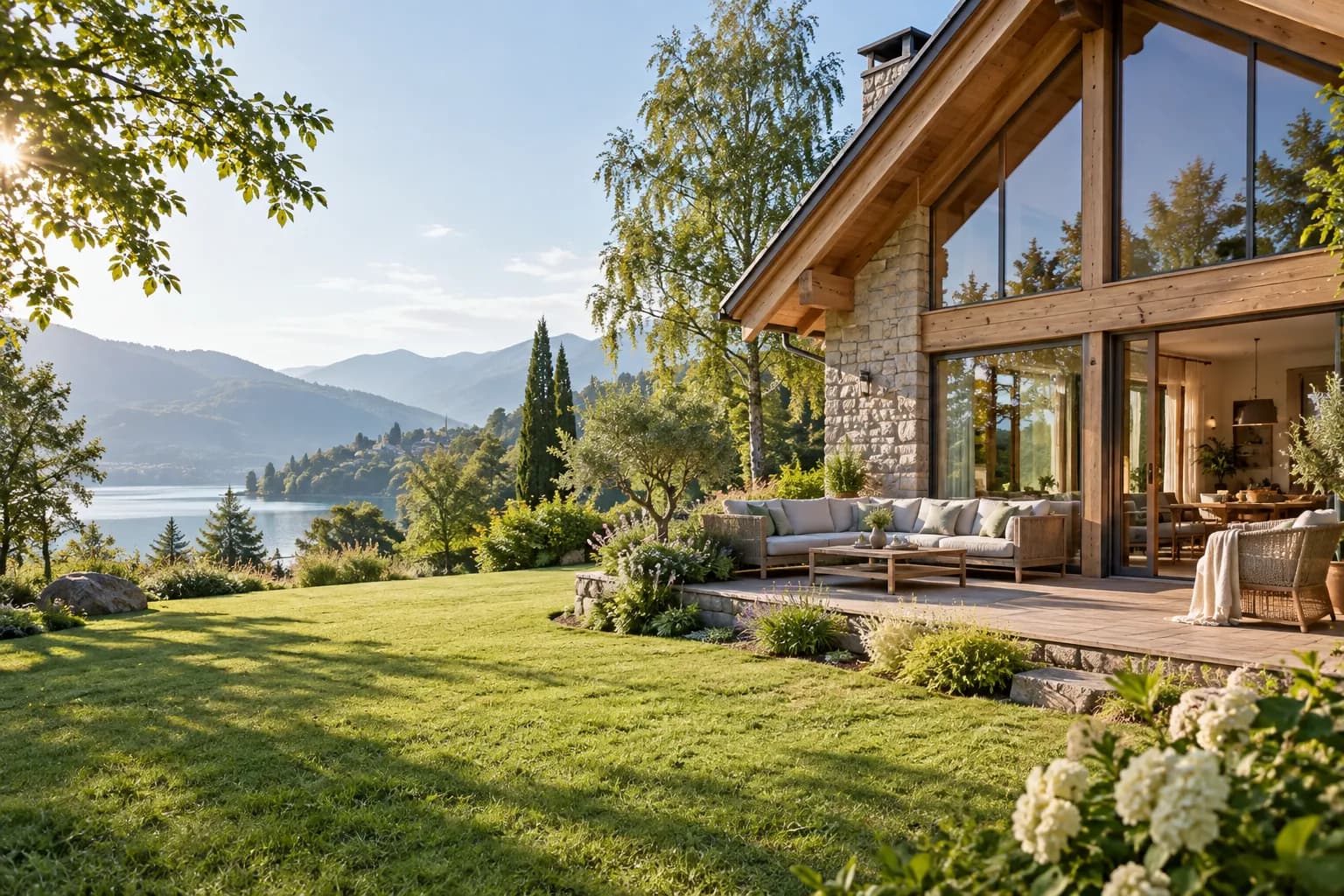 Ferienhaus aus Holz und Stein mit Terrasse und Garten am See